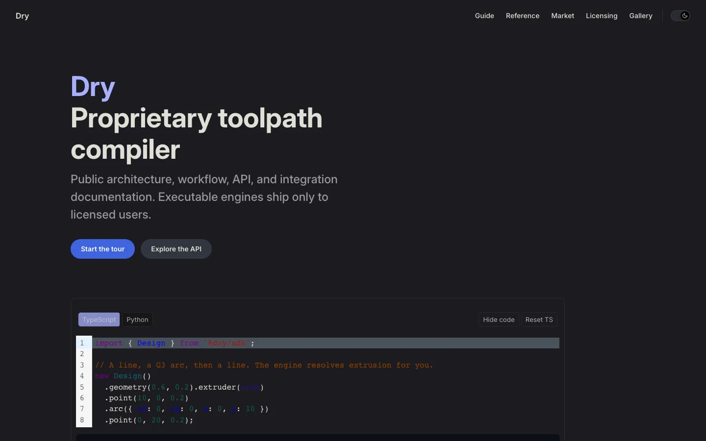 Dry documentation site hero showing the toolpath compiler tagline and a live TypeScript code sample constructing a geometry with an arc and extrusion