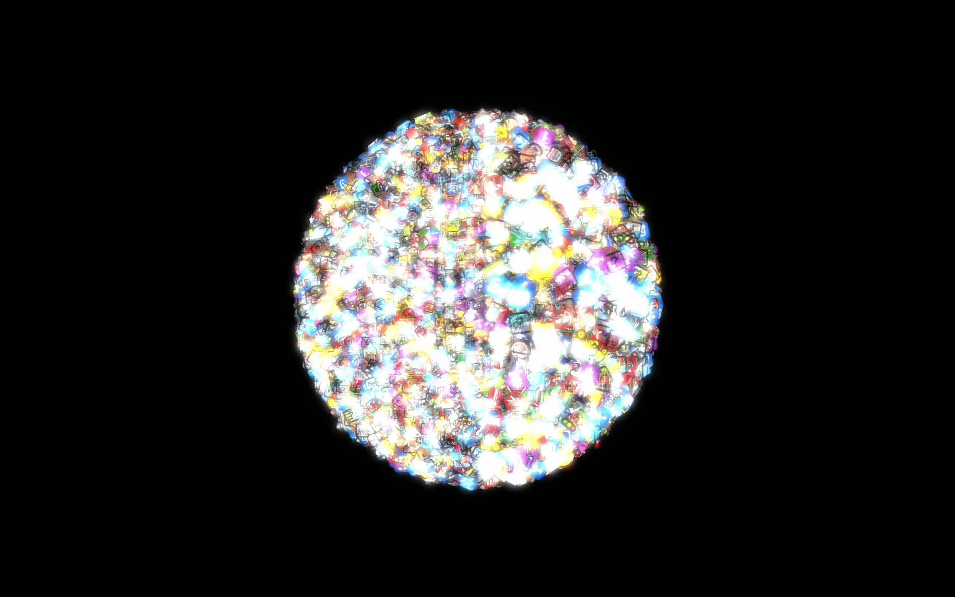 Densely packed emoji sphere rendered with heavy bloom, glowing white-hot at the core with blue, magenta, and yellow color patches bleeding at the edges