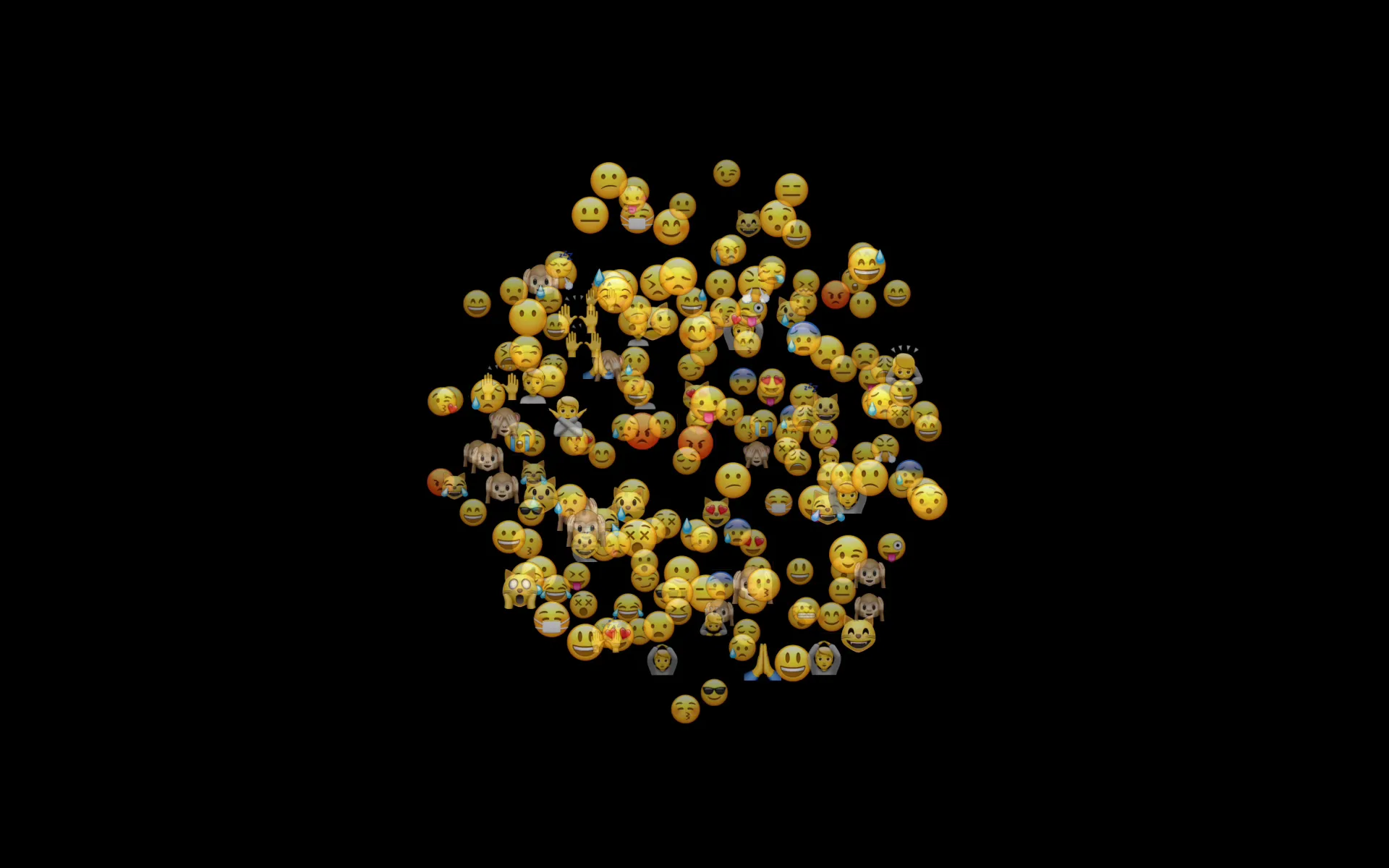 Spherical cluster of individually readable emoji faces — laughing, crying, heart-eyes, monkey, and praying-hands — floating against a black background