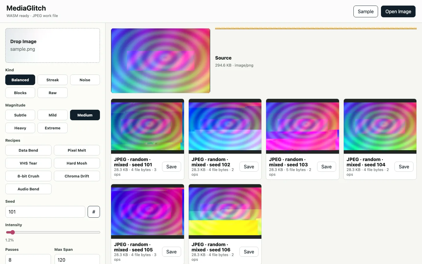 MediaGlitch browser UI showing a source PNG next to six JPEG glitch variations with concentric-ring source art mutated into streaked, color-shifted artifacts