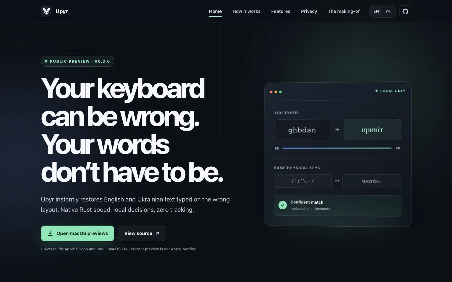 Upyr landing page headline 'Your keyboard can be wrong' next to a live correction panel translating the mistyped string ghbdsn into привіт